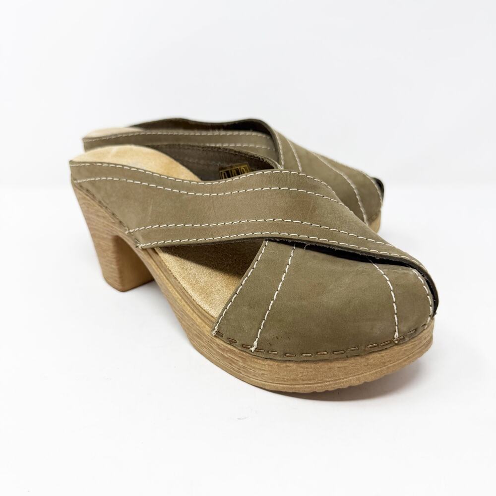 Calou Taupe Leather High Heel Clogs Women's Size EU 37/US 6.5 Faux Wood Heel EUC